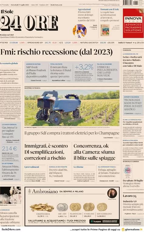 Prime Pagine Giornali Economici 27 Luglio Paura Fallimenti Lirica Nel