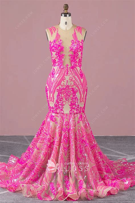 Sparkly Hot Pink Geometric Sequin Mermaid Prom Dress Lunss