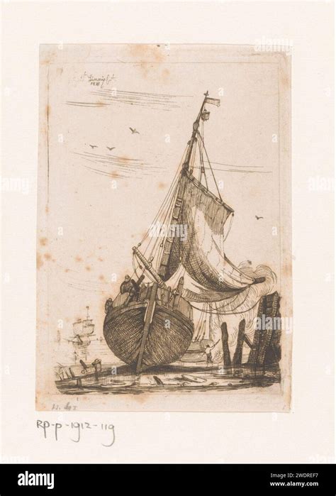 Fishing boats are taught, Egidius Linnig, 1838 print paper etching repairing, caulking ...