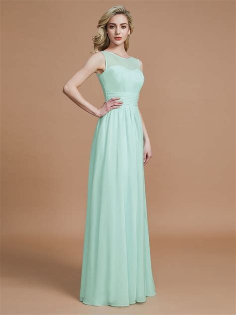 A Line Scoop Sleeveless Floor Length Chiffon Bridesmaid Dresses