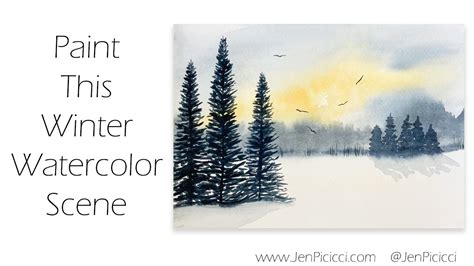 Simple Watercolor Winter Scene With Sky And Evergreen Trees Painting