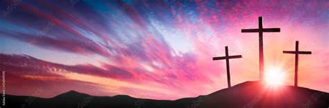 Three Wooden Crosses On Calvary S Hill At Sunrise Crucifixion And