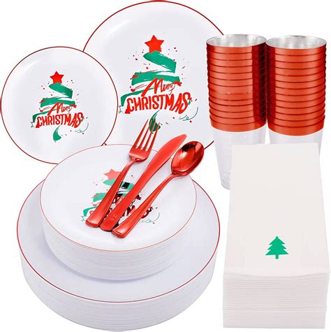 175pcs Christmas Plates - Red Plastic Plates with Green Christmas Tree ...