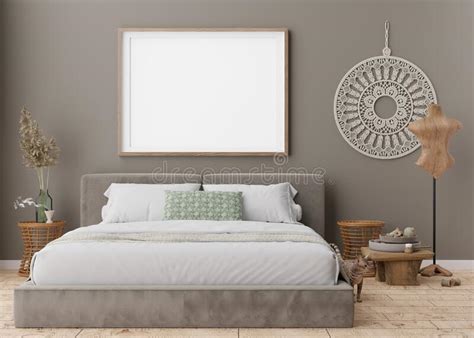 Empty Picture Frame On Grey Wall In Modern Bedroom Mock Up Interior In