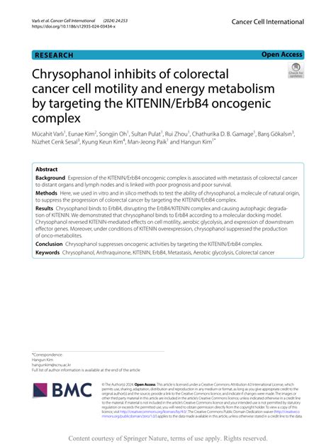 PDF Chrysophanol Inhibits Of Colorectal Cancer Cell Motility And