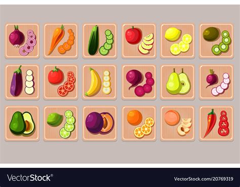 Flat Set Fruits And Vegetables On Wooden Vector Image