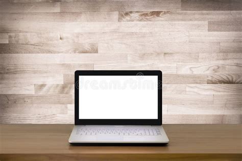 Mock Up Laptop With Blank Screen On Wooden Table With Modern Interior