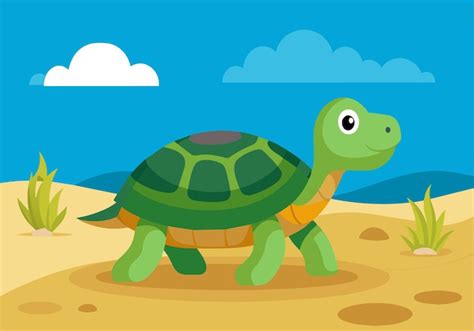 Premium Vector Cute Cartoon Turtle Walking In A Desert Landscape