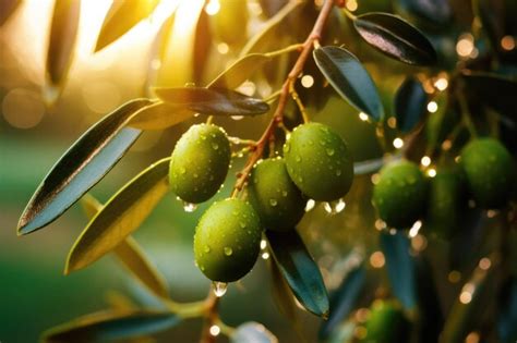 Azeitonas Verdes Gotas De Orvalho No Galho De Oliveira Ao Nascer Do