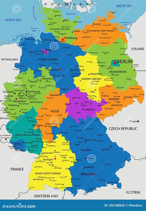 Colorido Mapa Político De Alemania Con Capas Claramente Separadas