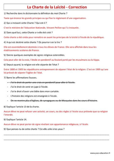 Charte De La Laïcité Documents Questionnaire Correction Pass