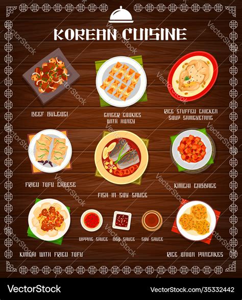 Korean food cuisine menu dishes restaurant meals Vector Image