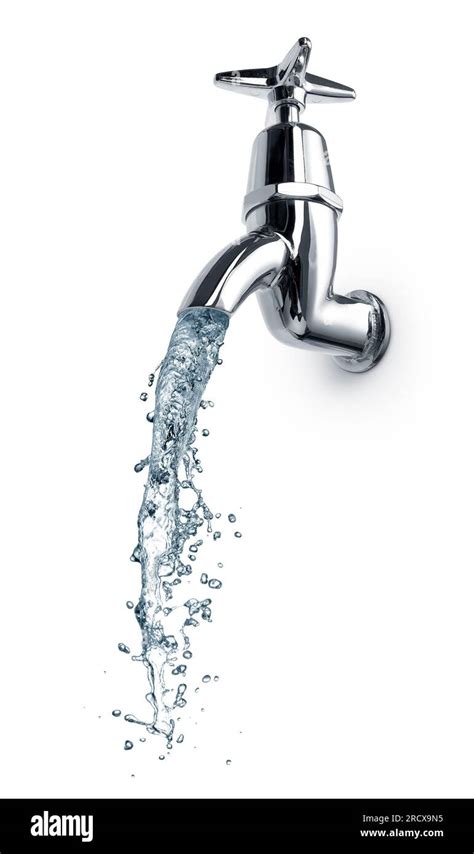 Water Splash Flowing Out From Tap Or Faucet Isolated On White Stock