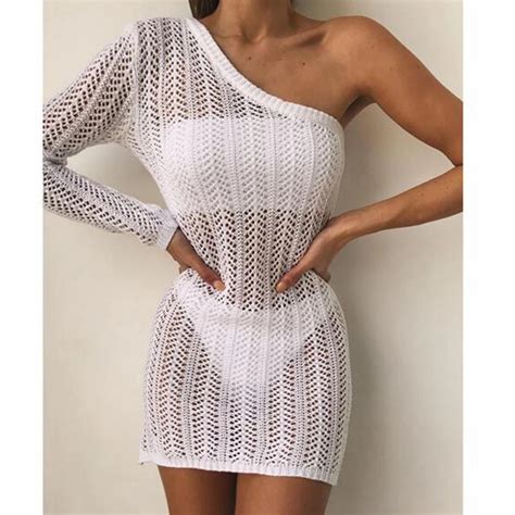 Crochet Mini Beach Dress White Off Shoulder Swimsuit Cover Ups Hollow Out Beachwear Cotton Mesh