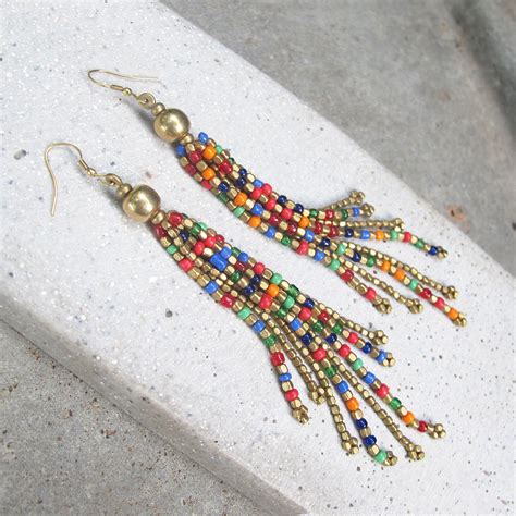 Long Colorful Beaded Earrings Colorful Beaded Tassel Etsy Beaded