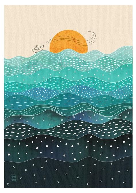 Ocean Illustration Wall Art Sea Water Waves Sunset | Etsy | Illustration wall art, Ocean ...