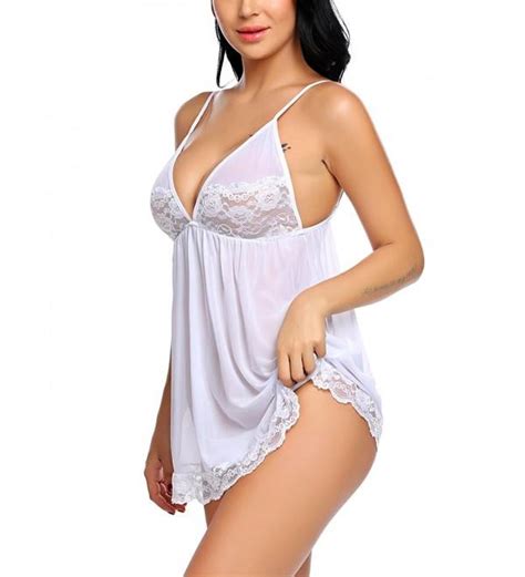 Women Lace Lingerie V Neck Babydoll Mesh Chemise Sleepwear White C N Sg X
