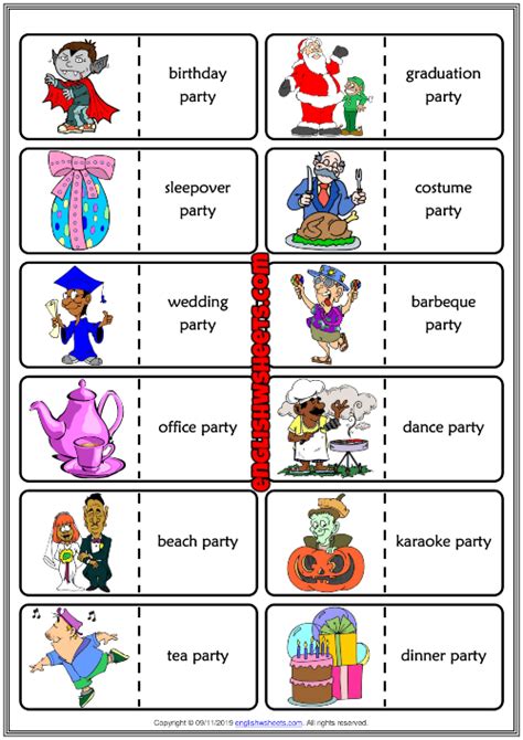 Party Types Esl Printable Dominoes Game For Kids