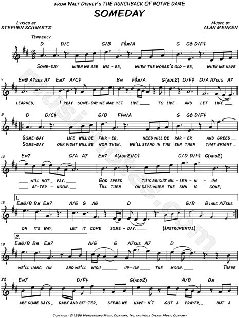 Someday From The Hunchback Of Notre Dame Sheet Music Leadsheet In D Major Download