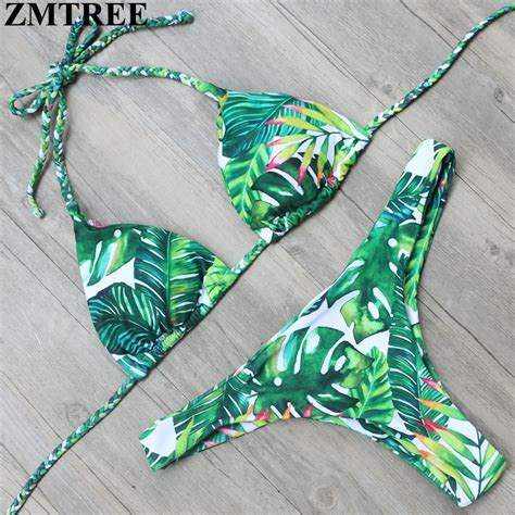 ZMTREE Crochet Bikini Brand Swimsuit Women Halter Top Swimwear Leaf