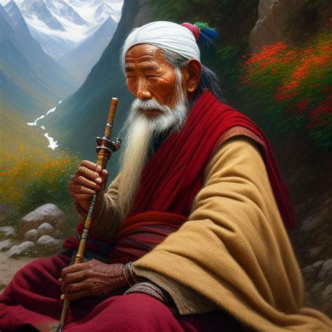 Open Moose An Old Tibetan Man Playing Flute Far Away In The