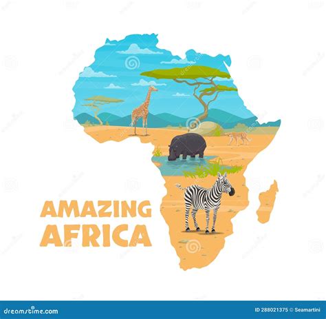 Cartoon African Animals, Africa Map Travel Poster Stock Illustration ...