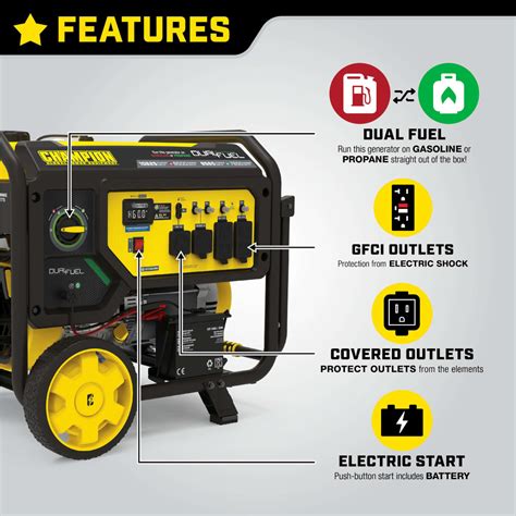 Champion 8500 Watt Generator Dual Fuel with Electric Start + CO Shield ...