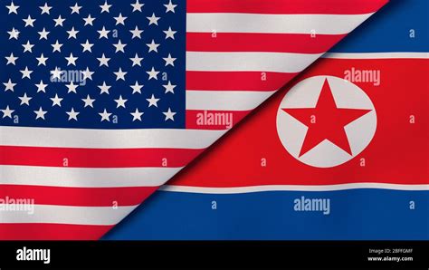 Two States Flags Of United States And North Korea High Quality