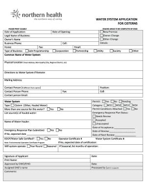 Fillable Online Northernhealth Water System Application For Cisterns