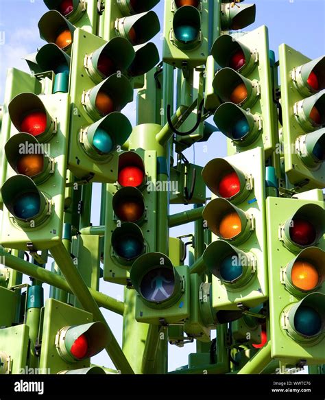 Confused Traffic Signals At A Busy Intersection Stock Photo - Alamy