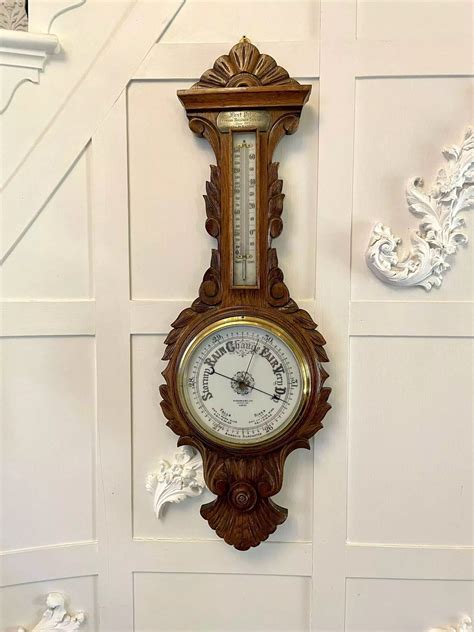 Antique Edwardian Quality Carved Oak Aneroid Banjo Barometer In Antique