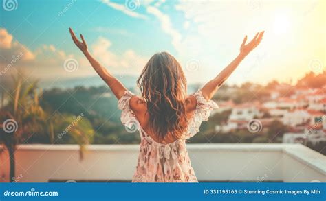 Happy Brunette Latina Or Hispanic Woman On A House Rooftop With Her Arms Open In Joy And