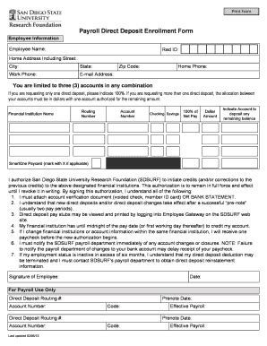 Fillable Online Foundation Sdsu Payroll Direct Deposit Enrollment Form