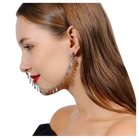 Women S Septum Ring Non Pierced Stud Nose To Ear Chain Earrings Body