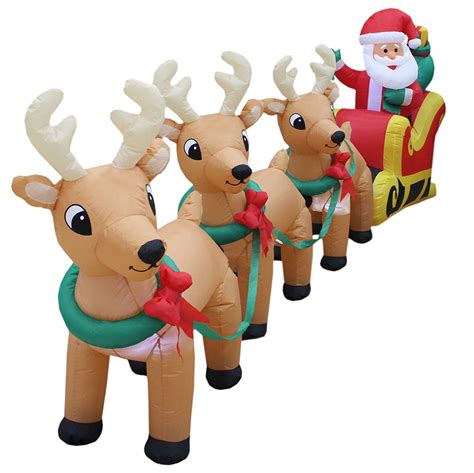 12 Foot Long Lighted Christmas Inflatable Santa Claus On Sleigh With 3