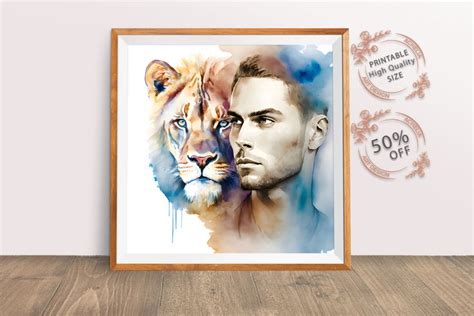 a watercolor painting of a man and a lion in front of a white wall