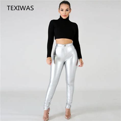 Texiwas Spring Tight Fleece Stretch Slim High Waist Pu Leather Pants