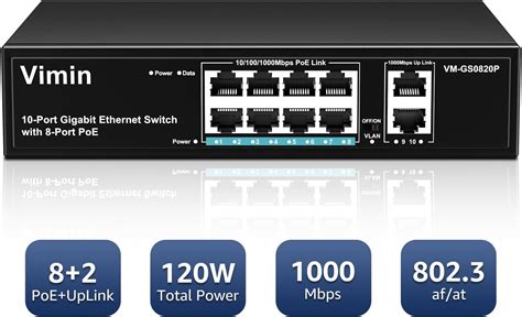 VIMIN 8 Port Gigabit PoE Switch Mit 2 Uplink Gigabit Ports 10 Port