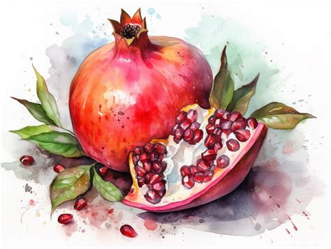 Painting With Watercolor Of A Pomegranate Ripe On A White Watercolor