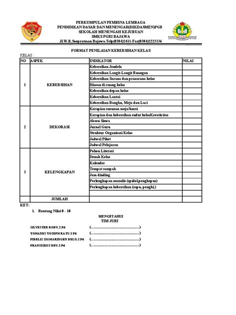 Form Penilaian Lomba Kebersihan Kelas Pdf