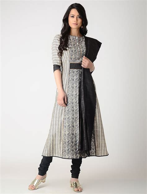 Buy Beige Black Printed Tussar Silk Kurta With Zari Top Stitch Online