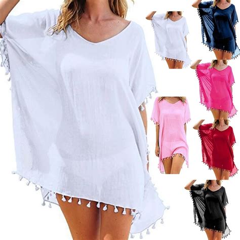 Women Beach Smock Short Sleeve Deep V Neck Beach Tunic Bathing Suit Coverups Bikini Cover Ups