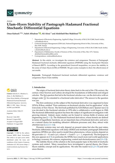 PDF UlamHyers Stability Of Pantograph Hadamard Fractional Stochastic