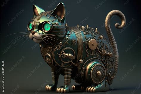 Illustration Of A Steampunk Robot Cat Grey Background Generative Ai