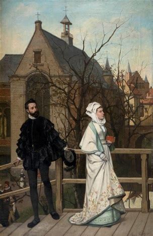 Couple In Th Century Costume On A Wooden Bridge In Front Of City