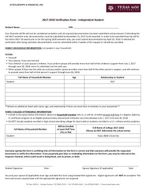 Fillable Online 2017 2018 Verification Form Independent Student Fax