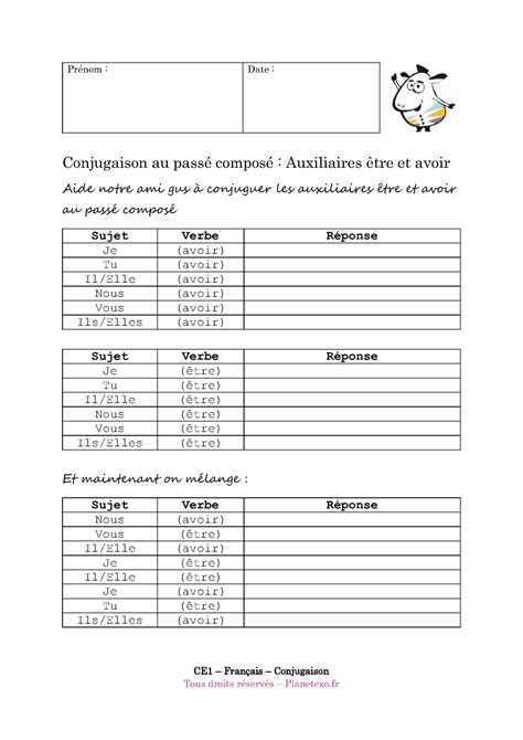 Exercice Le Passé Composé Ce1 Passé composé avec auxiliaire AVOIR