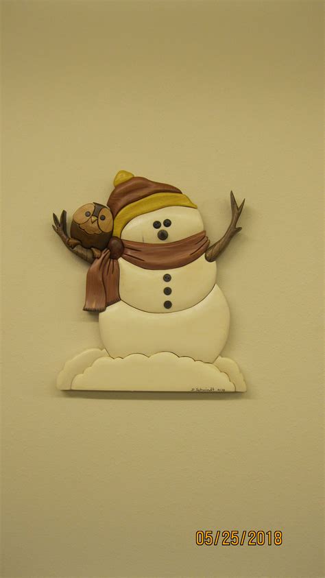 Snowman And The Owl Hand Carved Intarsia Wooden Wall Decor By Rakowoods