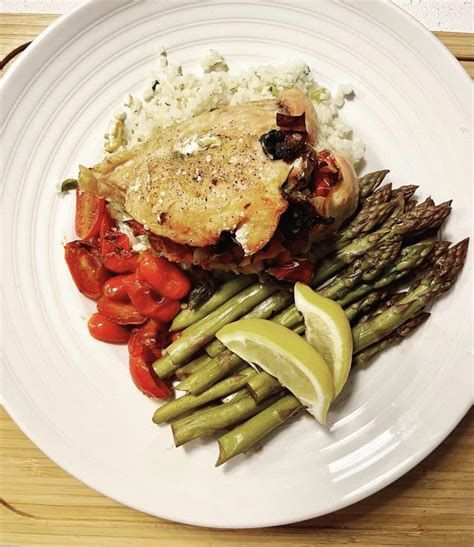 Dinner Was Oven Baked Chicken Breast Stuffed With Goat Cheese Roasted Red Peppers And Spinach