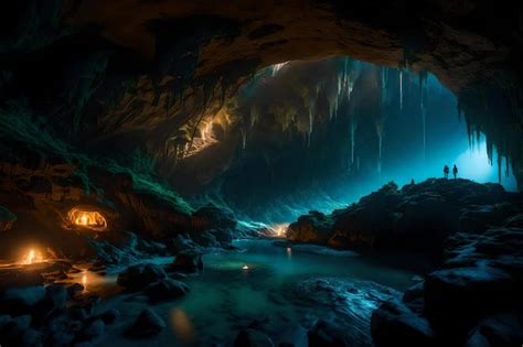 Premium AI Image | A waterfall in a cave with a light on the inside